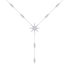 This lariat style necklace in 14k white gold captivates with its exceptional allure. A dazzling diamond-studded eight-point star in the center is the highlight of this design. The trio station diamonds elevate the sparkling beauty of this starburst necklace. Elegant Star-shaped Lariat Necklace, Lariat Style Necklace, Starburst Necklace, Diamond Pendant Necklace, Style Necklace, Fine Jewellery Necklace, Diamond Studs, Diamond Pendant, Diamond White