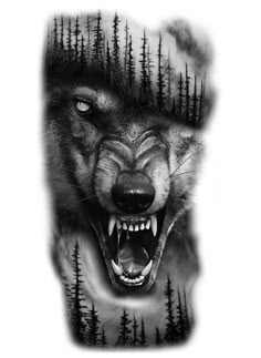 a wolf with its mouth open and it's teeth wide open in front of the moon