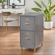 a gray filing cabinet sitting on top of a wooden floor next to a potted plant