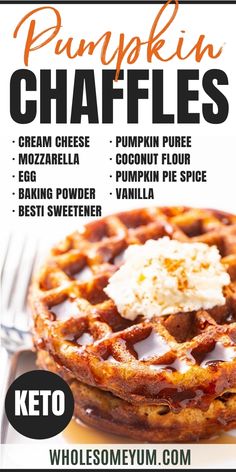 a menu for pumpkin cheese waffles on a plate