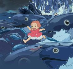 an animated image of a child riding on a whale in the ocean with other dolphins