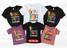 five t - shirts with the names of four different graduates and two children's graduates