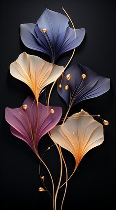 three different colored flowers on a black background with gold stems in the shape of leaves