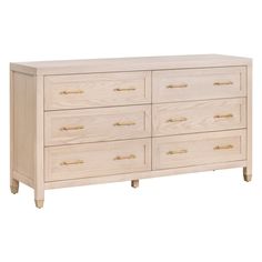 a large wooden dresser with gold handles on it's doors and drawer drawers, against a white background