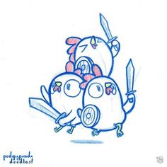 two cartoon birds with swords in their hands