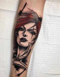 a woman's face with red hair and black ink on the arm, done by artist