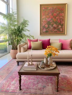 a living room filled with furniture and flowers