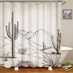 a shower curtain with a desert scene on it