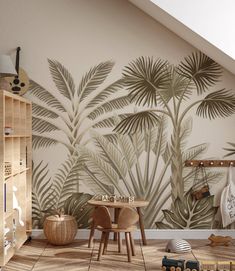 A cozy children's room corner featuring a wooden crib Vintage Landscape Wallpaper, Landscape Mural, Vintage Floral Wallpaper, Island Wallpaper, Tropical Beauty, Vintage Floral Wallpapers, Wallpaper Stores, Neutral Room, Custom Murals