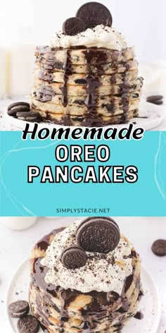 homemade oreo pancake recipe with cookies and cream on top, chocolate chips in the middle