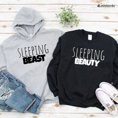 💖Brace yourselves lovebirds! Our Sleeping Beauty/Beast Gift Match Couple is the go-to outfit for every couple that celebrates their unique bond. This set is more than just clothes - it's a statement! Say "bye-bye" to boring and "hello" to hilarious with these funny outfits that are as comfy as they are cute. Perfect for cuddling, casual outings, or even funny TikTok videos, these outfits are the ultimate expression of togetherness. Get yours and let your love story shine! 🌟👫💖 *Please check y Cute Couple Hoodies, Quotes For Couples, Matching Christmas Outfits, Matching Hoodies, Mom Hoodies, Couples Sweatshirts, Matching Sweatshirts, Hoodies And Sweatshirts, Soft Feeling