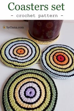 three crocheted coasters with the words colorful coasters on them, in front of