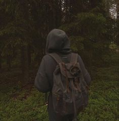 a person with a backpack walking through the woods