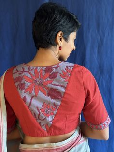 Red cotton kantha blouse  Handwoven cotton with kantha detailing Hand embroidered kantha Can be worn as a crop top with skirts and pants as well Pairs well with jewel tones  To view more similar blouses, pls click on https://aavaranaa.com/blouses/ Simple Pattern Blouse Designs, Crop Top Blouse Designs, Cotton Blouse Pattern, Ikat Blouse Designs, Chiffon Blouses Designs, Ikat Blouse, Simple Frock Design