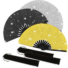 three different types of hand fans with lights on the top and one is black, white, and yellow