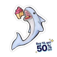 a sticker with a shark eating an ice cream cone