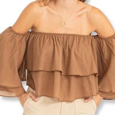 This Top Is So Flirty And Fun! Two Tiered Off The Shoulder Style And A Beautiful Pecan Brown Color. Fabric Detail: 100% Cotton Boutique Brand Hyfve Nwt Chic Brown Tops For Brunch, Summer Brown Blouse For Brunch, Summer Day Out Brown Blouse, Chic Brown Crop Top For Spring, Chic Crop Top For Beach In Fall, Brown Off-shoulder Top For Spring, Chic Crop Top For Vacation In Fall, Chic Crop Top For Fall Vacation, Brown Summer Blouse