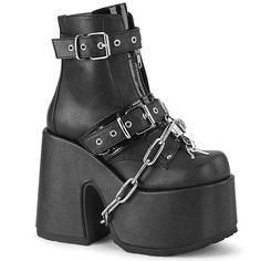 Demonia Camel-205 Black Vegan Leather 5" (127mm) Chunky Heel 3" (75mm) Platform Ankle Boot W/ Metal Front Zip Closure Featuring Top Buckle Strap W/ Eyelet & Lower Buckle Strap W/ Eyelets D-Ring & Chrome Metal Plated Padlock W/ Thick Metal Chain Draped Through Platform And Heel Channel Cam205/Bvl Free Shipping & Brand New In Box Multiple Sizes Available Perfect For A Festival Set, Rave Outfit, Goth Shoes, Emo Wear, With Punk Clothing, Alternative Fashion, Dolls Kill Footwear Style, Hot Topic Love Goth Platform Boots, Demonia Boots, Goth Shoes, Goth Boots, Gothic Shop, Demonia Shoes, Dr Shoes, Ring Der O, Black Heel Boots