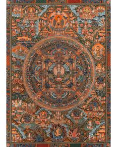 an intricately designed rug with many images on it