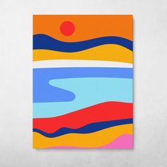 a painting on a wall with an orange sun and blue ocean waves in the background