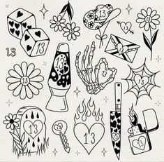 some black and white drawings on paper with hearts, flowers, candles and other items