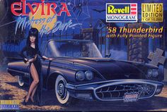 an advertisement for the new album, elvinia mystery in the dark with a woman standing next to a car