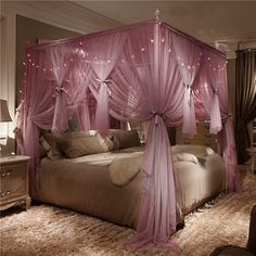 a pink canopy bed in a bedroom with lights on the headboard and foot board