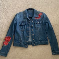 Button Down Jean Jacket With Rose Embroidery From Kut From The Kloth. Never Worn!! Embroidered Denim Button-up Jacket For Spring, Embroidered Button-up Denim Jacket For Spring, Rose Embroidery, Jean Jackets, Jean Coat, Jean Jacket, Embroidery Designs, Denim Jacket, Color Blue