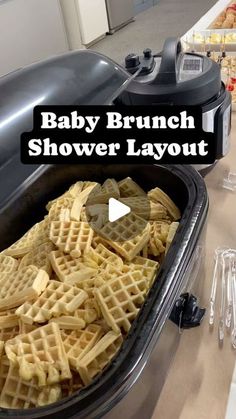 baby brunch shower layout with waffles in the foreground and text that reads, baby brunch shower layout