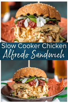 slow cooker chicken alfredo sandwhich on a plate with text overlay