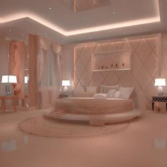 a bedroom with a circular bed in the middle