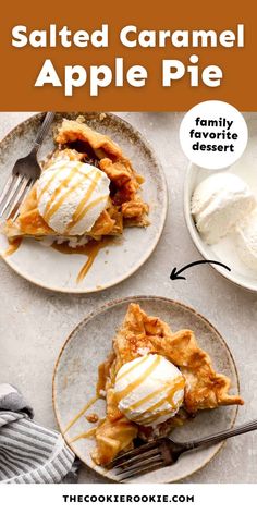 two plates with slices of salted caramel apple pie and ice cream on them