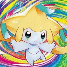 an image of a cartoon character with blue eyes and blonde hair, standing in front of colorful