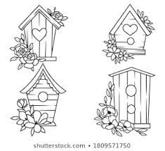 four birdhouses with flowers and hearts on them