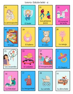 the spanish poster shows different types of baby items and their corresponding names, including an infant's birth date