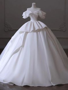 White Satin Off the Shoulder Wedding Dress Modest Ball Gown Wedding Dress, White Formal Dress Long, Fantastical Wedding, White Ball Gown Wedding Dress, Long White Wedding Dress, Dresses With Ruffles, Wedding Dress Gown, Violet Wedding, Bow Wedding Dress