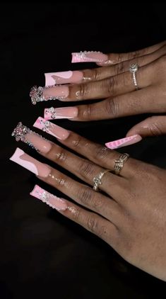 Nails With Zodiac Charms, Pink Dramatic Nails, Cute Nails With Diamonds, Long Freestyle Nails, Xl Nail Ideas, Nail Sets Ideas, Valentines Outfits Black Women, Medium Junk Nails, Medium Freestyle Nails