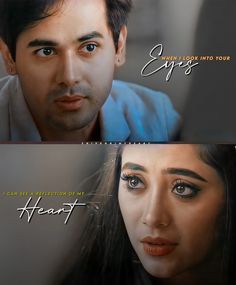 two different images of a man and woman looking at each other with the words heart on them