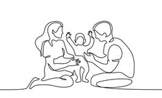 one continuous line drawing of a family sitting on the floor and playing with their child