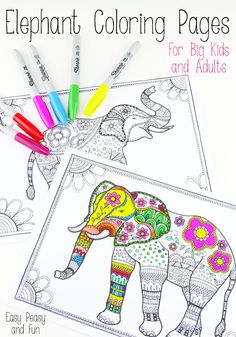 an elephant coloring page with markers and crayons for kids to color on it