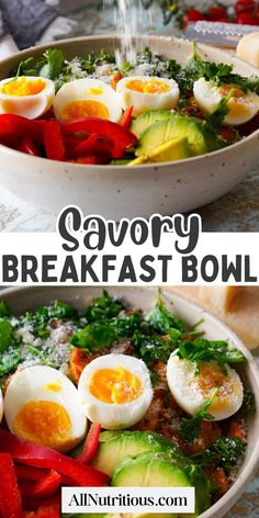 this is an image of a breakfast bowl with eggs and avocado