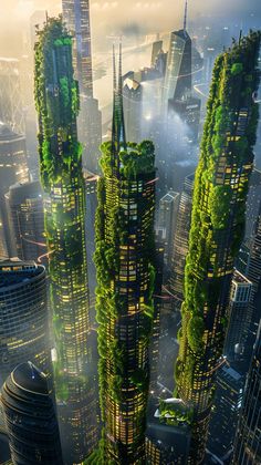 an aerial view of skyscrapers with trees growing on them