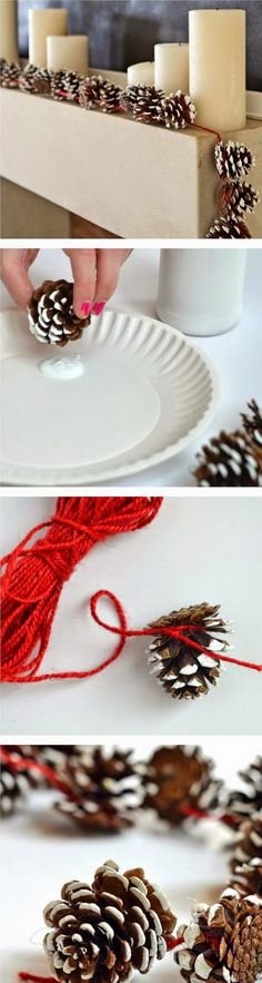 pine cones are being used to make christmas decorations