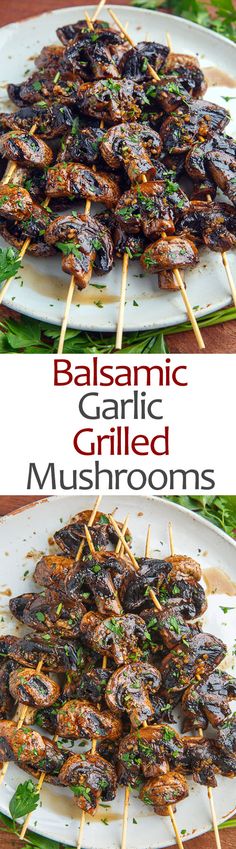 grilled mushrooms on skewers with balsamic and garlic in the middle