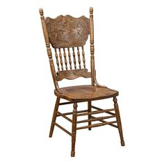 a wooden chair with carved back and seat