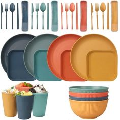 a bunch of different colored dishes and forks