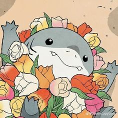 a drawing of a shark surrounded by flowers