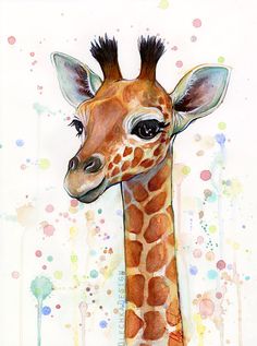 a painting of a giraffe's head on a white background with watercolor spots