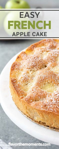 an easy french apple cake on a white plate