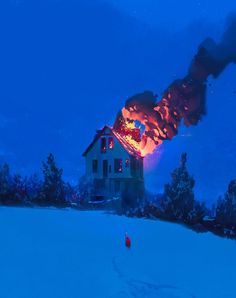 a house on fire in the middle of a snow covered field with trees around it